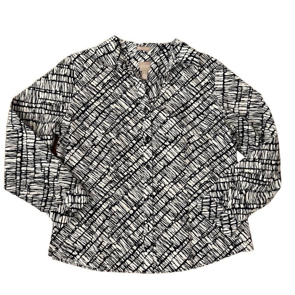 Chico’s Button Down Shirt Navy White Abstract Print 3/4 Sleeves Size 2 = Large